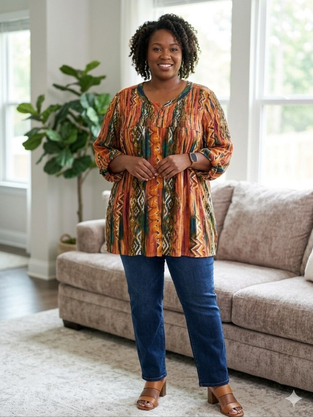 Intro Orange Multi-Stripe Boho Button Front Women's Top NWT 3X